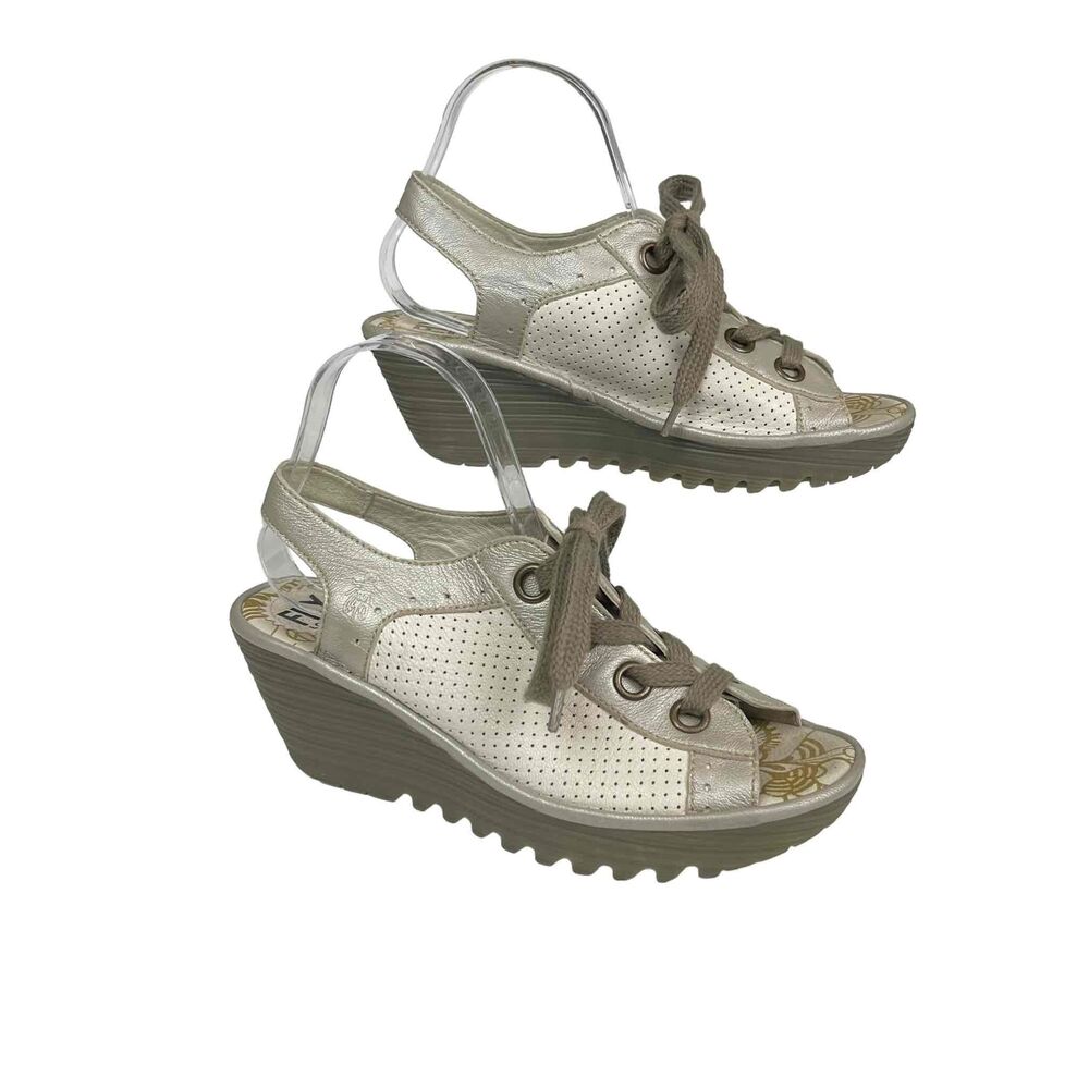 Fly London Womens White Silver Perforated Leather‎ Yuta Wedge Sandals Size 39